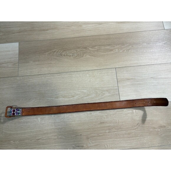 Handcrafted Boho Leather Belt w/ Colorful Ethnic Textile Inlay Stitching Size 30 - Picture 2 of 3